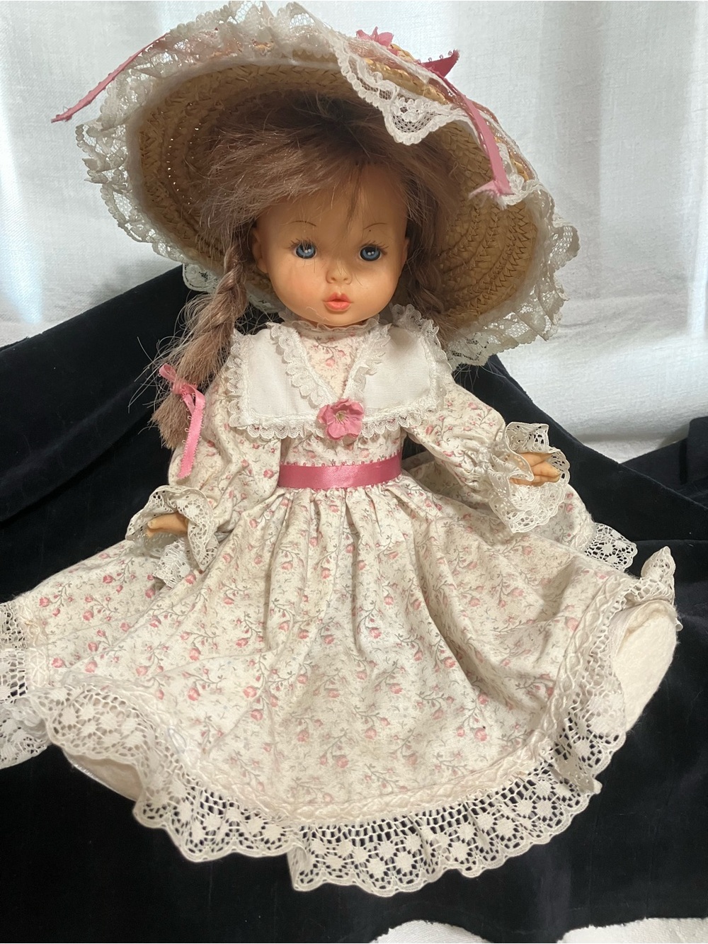 Vintage-Style Floral Girl Doll in White and Pink Dress